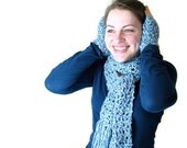 Hand Crochet Fringed Long Aqua Scarf and Wristwarmers - Tropical Waterfall