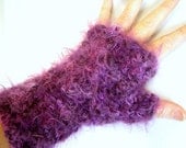 Handmade Crochet Fingerless Long Mitts - Fuzzy Purple Wristlets