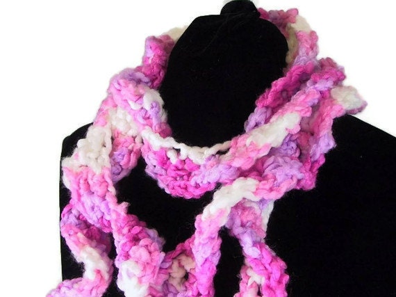 Curly Crochet Scarf - Handmade Long and Skinny Twisted Pink and Purple Ruffled Scarf