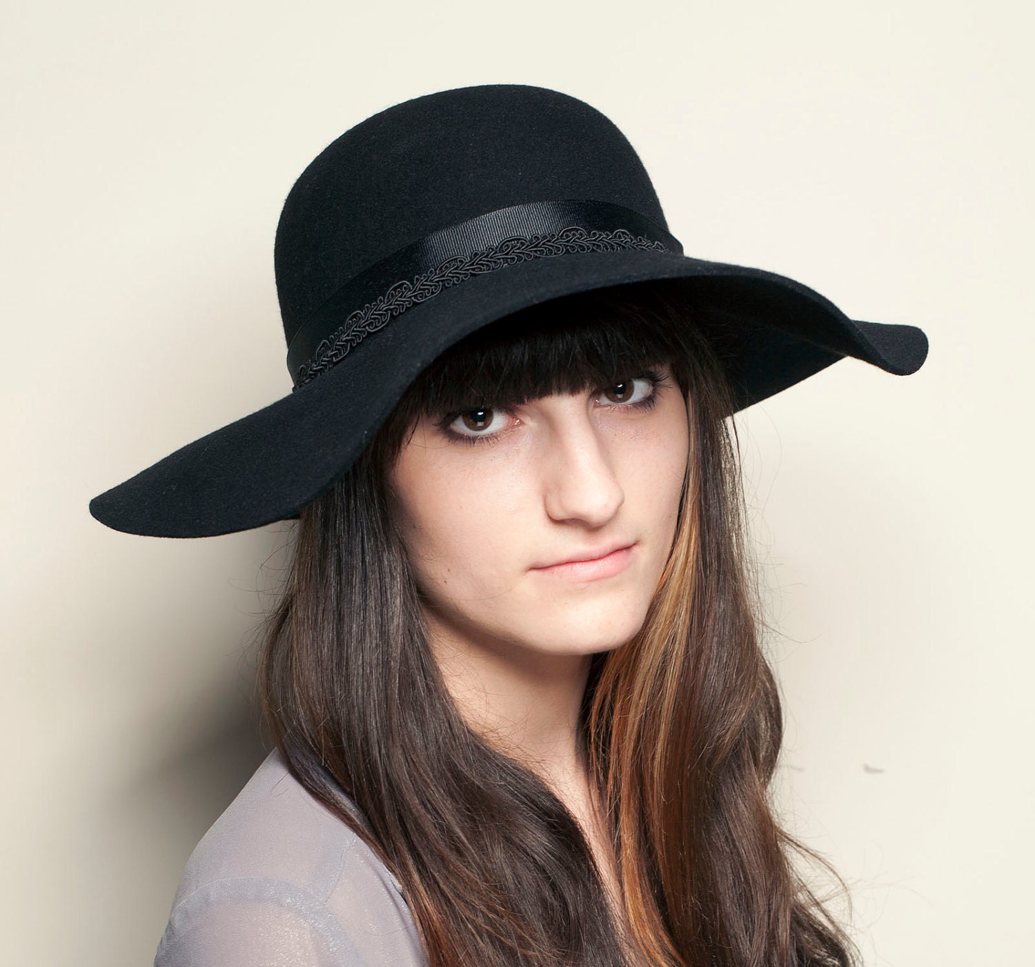 Classic Wide Brim Floppy Black Hat with Jewel and Grosgrain Ribbon