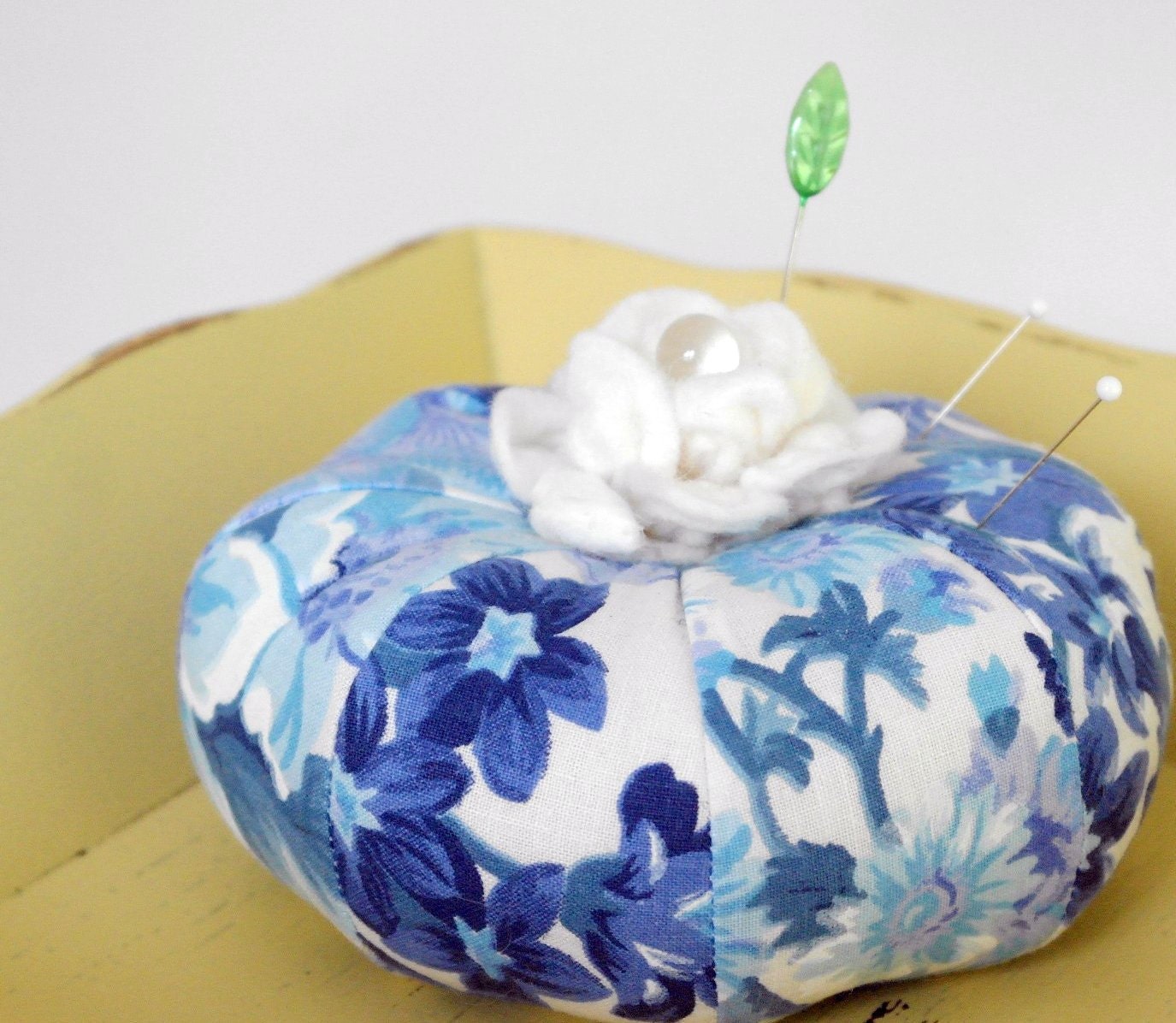 Pumpkin Pincushion Wool Stuffed  Blue White Retromama