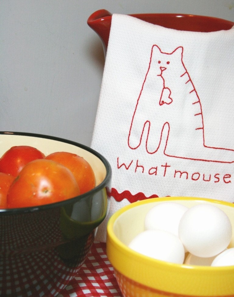 Nostalgic Redwork Embroidered Kitchen Towel - Sassy Cat