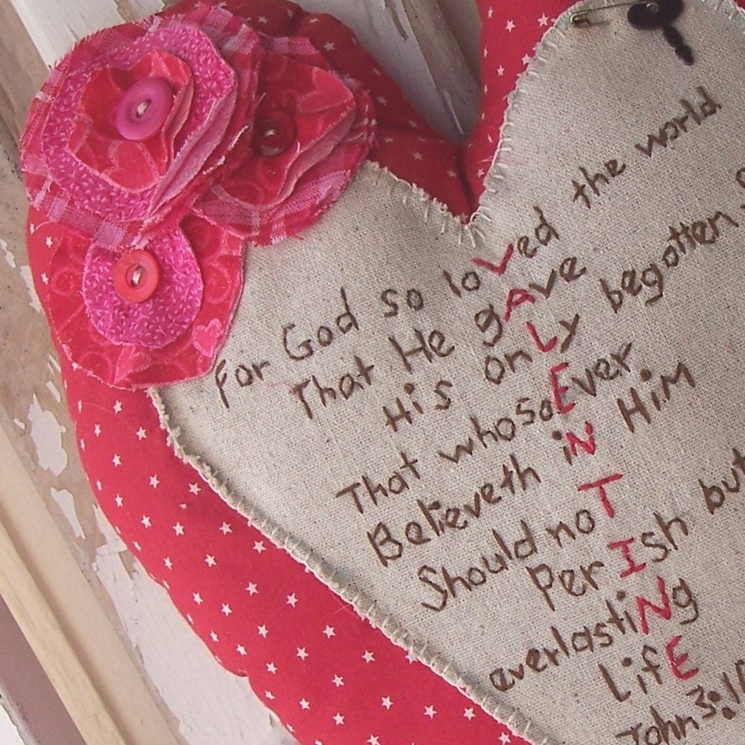 Heart Valentine Pillow - Primitive John 3:16 Embroidered Red and Pink Valentine's Day Pillow with Stacked Flower, Key and Buttons