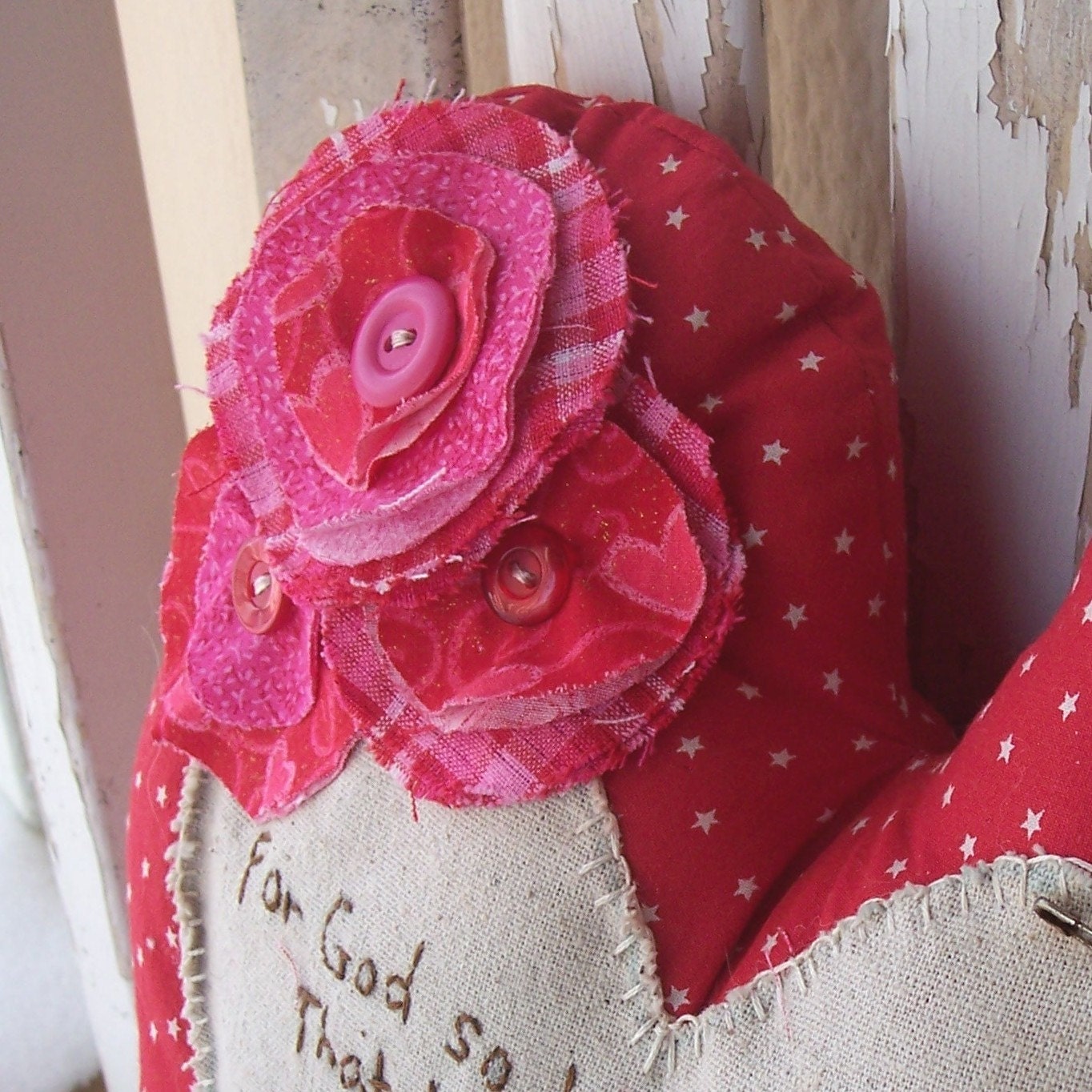 Heart Valentine Pillow - Primitive John 3:16 Embroidered Red and Pink Valentine's Day Pillow with Stacked Flower, Key and Buttons
