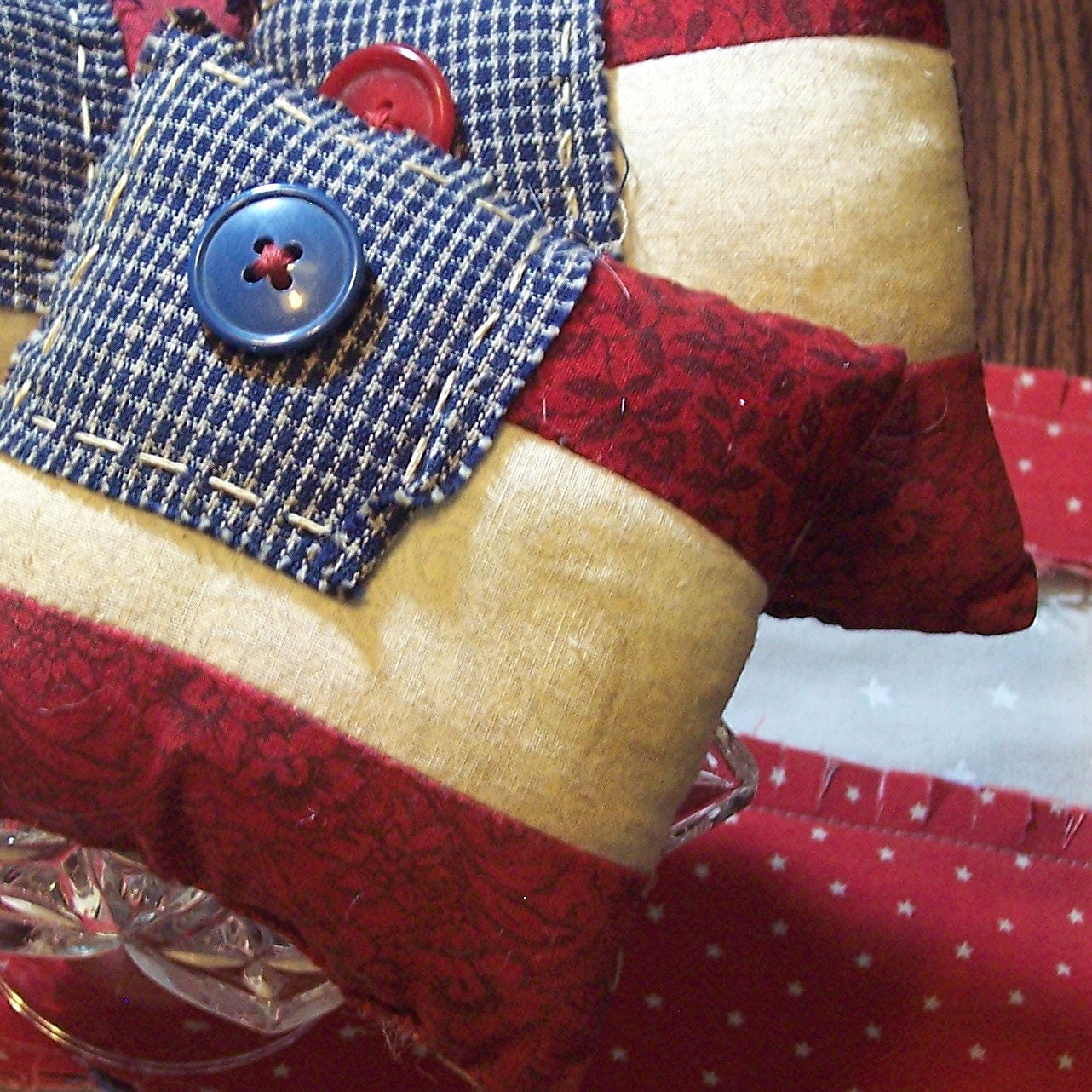 Primitive American Flag Bowl Fillers / Ornies -  Hand Pieced Quilt Patriotic Flag - Set of 3 - Red White Blue Americana