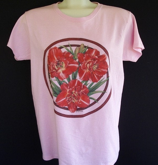 Daylily Flower T-shirt Dark Pink Double Bloom on Pink Plus Size XL