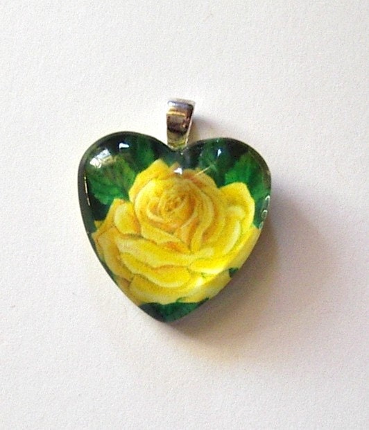 Rose Jewelry Valentine Pendant Yellow Heart Shape Art Glass