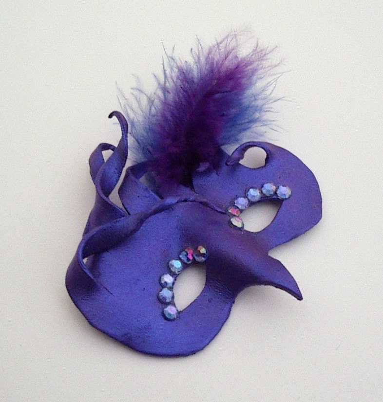 Mask Jewelry Brooch Blue Violet Leather Mardi Gras Pin - AllKindsofArt
