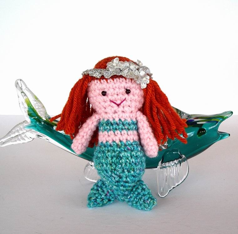 Mermaid Toy Crochet Doll Pink Skin Orange Hair Turquoise Aqua Body