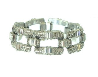 Art Deco Bracelet Wide Baguette Rhinestone Link 1920s Vintage Wedding Jewelry