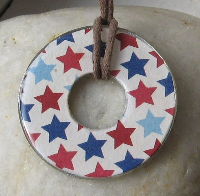 Patriotic Red White and Blue STARS Hardware Washer Pendant Necklace