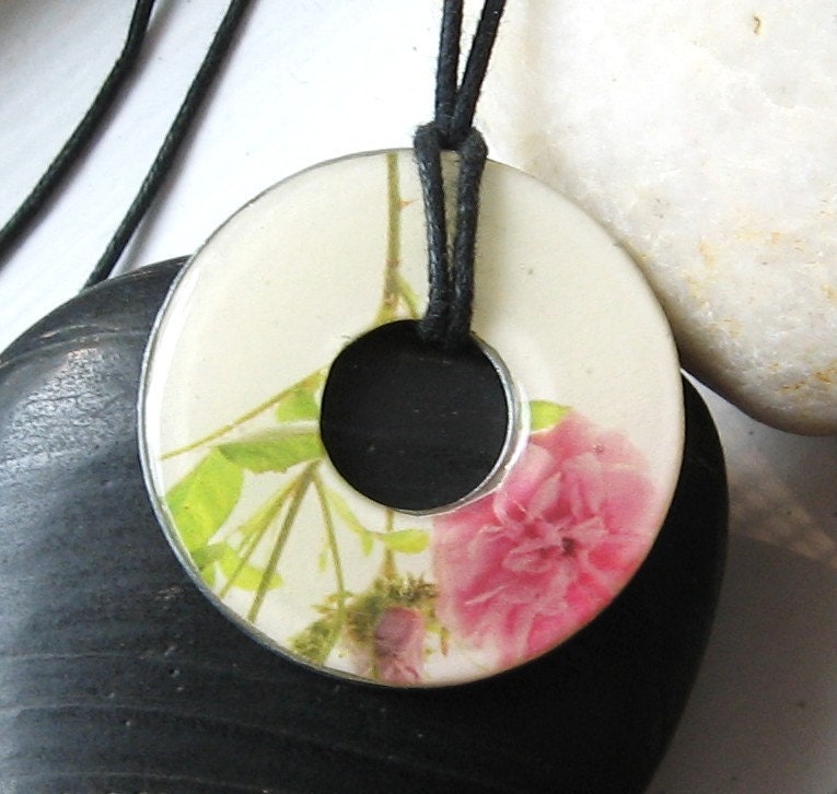 Gorgeous Deep PINK Rose Upcycled Photo Washer Hardware Pendant Necklace
