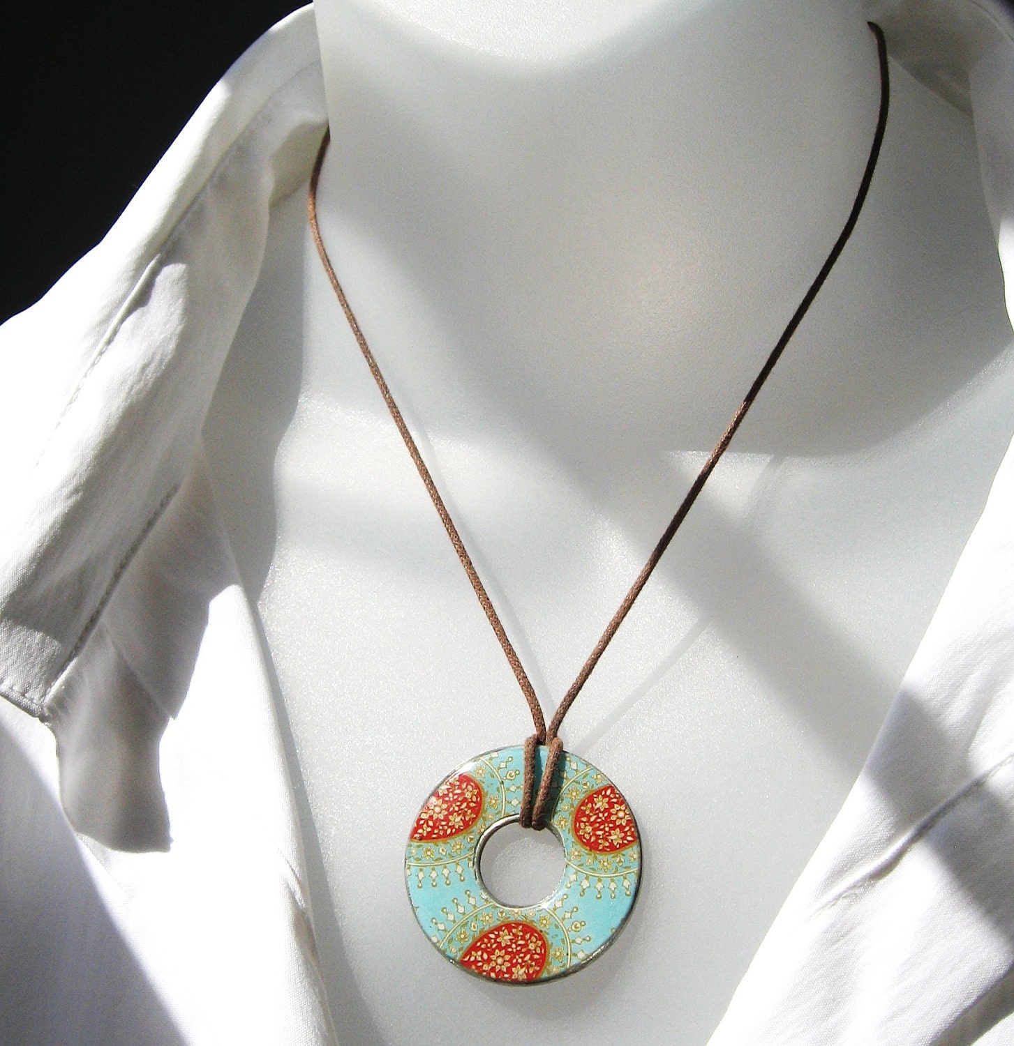 Stunning Aqua Blue and Red Sienna Taj Majal Designer Washer Hardware Pendant Necklace