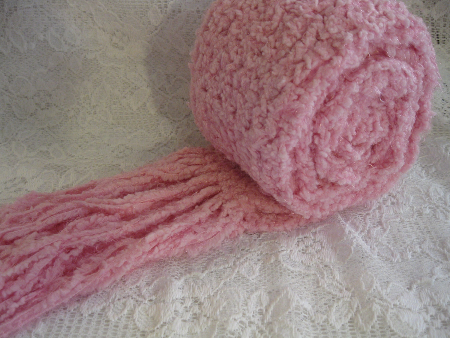 Last One Pink Mink Crochet Scarf Minky  Boucle Finished Item  ExTrA LoNg 110 Inches