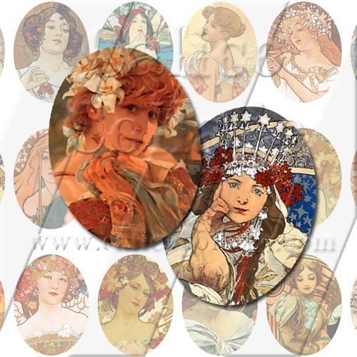Mucha Ladies - Instant Download Digital Collage Sheet Printable - 30x40mm Ovals Cameo Size 390