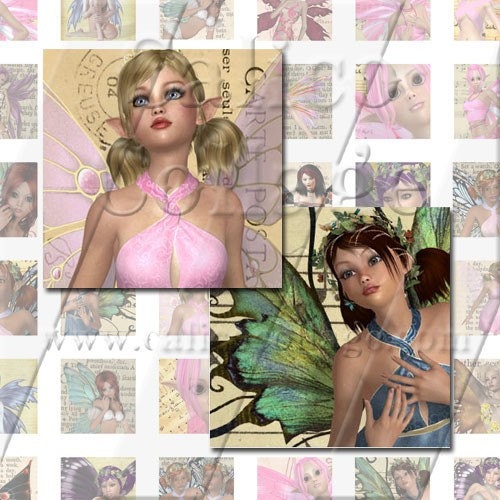 Fairies on Vintage Ephemera - Instant Download printable Digital Collage Sheet - 1x1 inchies 264
