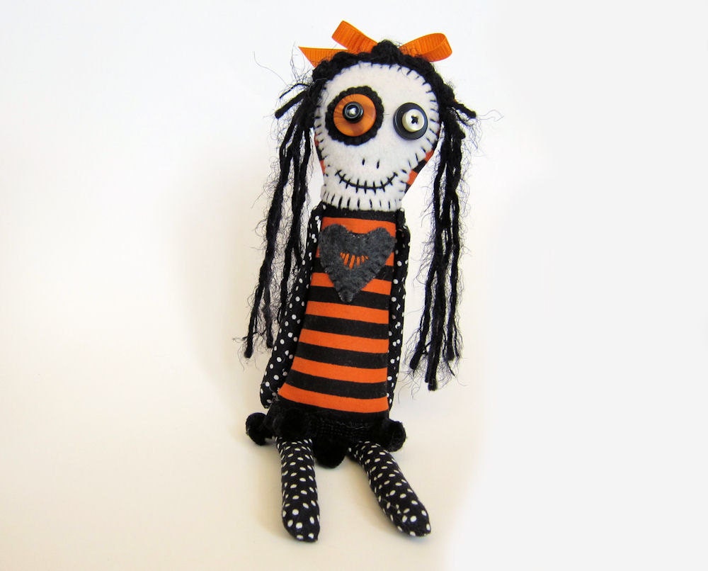 Bettina a Halloween skeleton girl rag doll - orange and black folk art doll