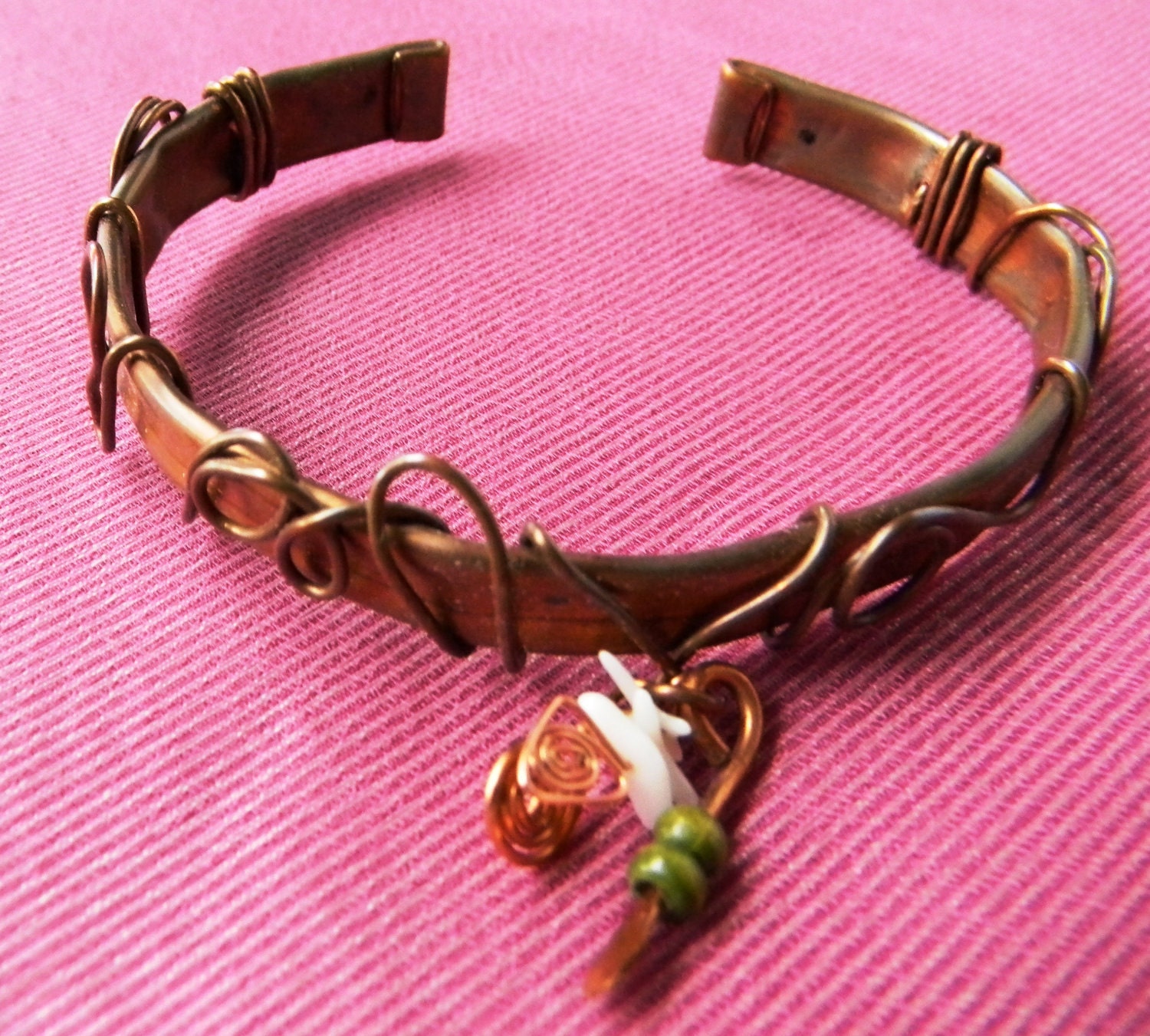 Abstract Hammered Copper Tube, Copper Wire-wrapped, Green beaded, dangle bracelet