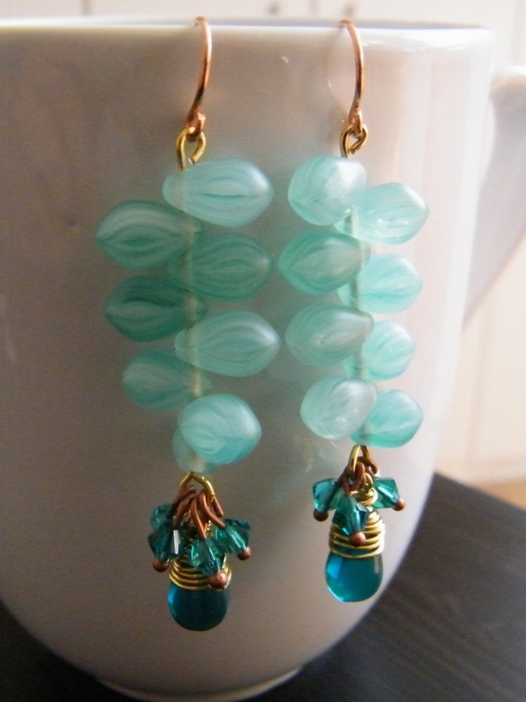 Aqua Leaf. Dangling Earrings