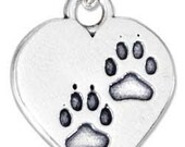 Heart with Paw Print Sterling Silver Charm -- Complimentary Ribbon or Cord