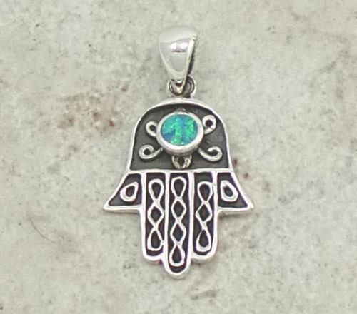 Hamsa or Hand of Fatima Opal Filigree Sterling Silver Charm -- Complimentary Ribbon or Cord