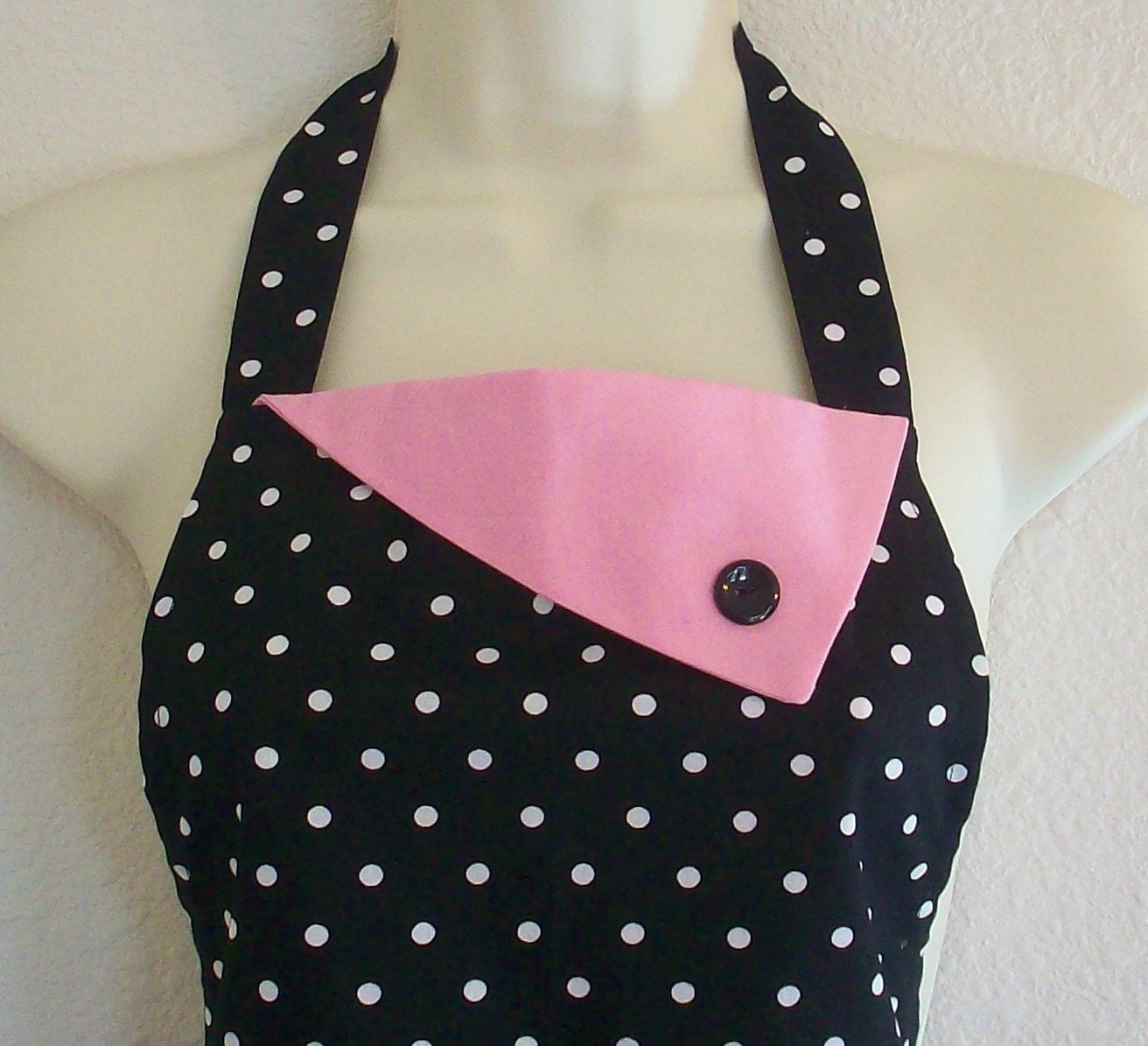 Retro Polka Dot Apron / Black & White / Pink Trim