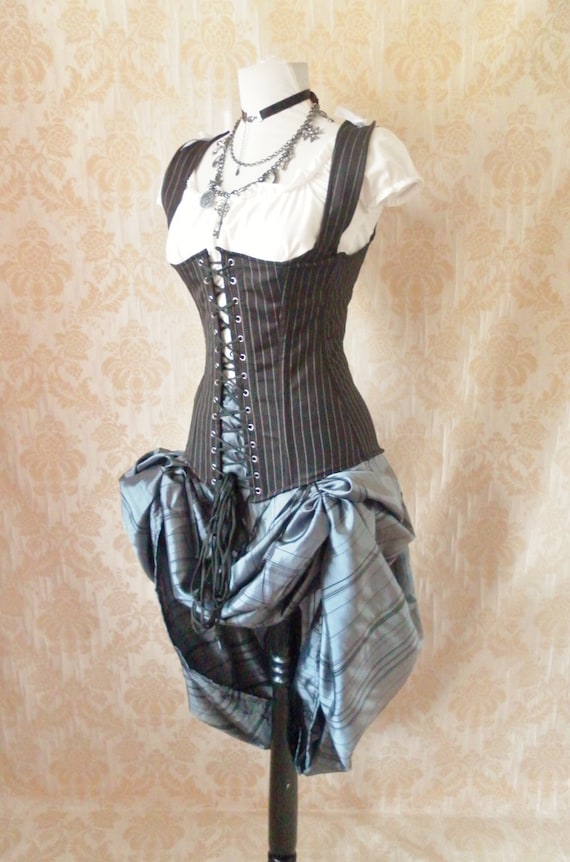 30 DOLLARS OFF Pinstripe steel boned waistcoat corset, moll lace front corset-to fit 26-27 inch natural waist