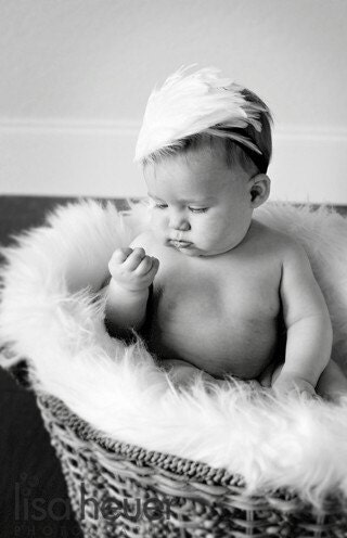 Gorgeous Large White Feather on Soft White Satin Headband with Rhinestone Sparkle - Photographer Prop - Perfect for Blessing Baptism Special Occasion- Design Stash Collection