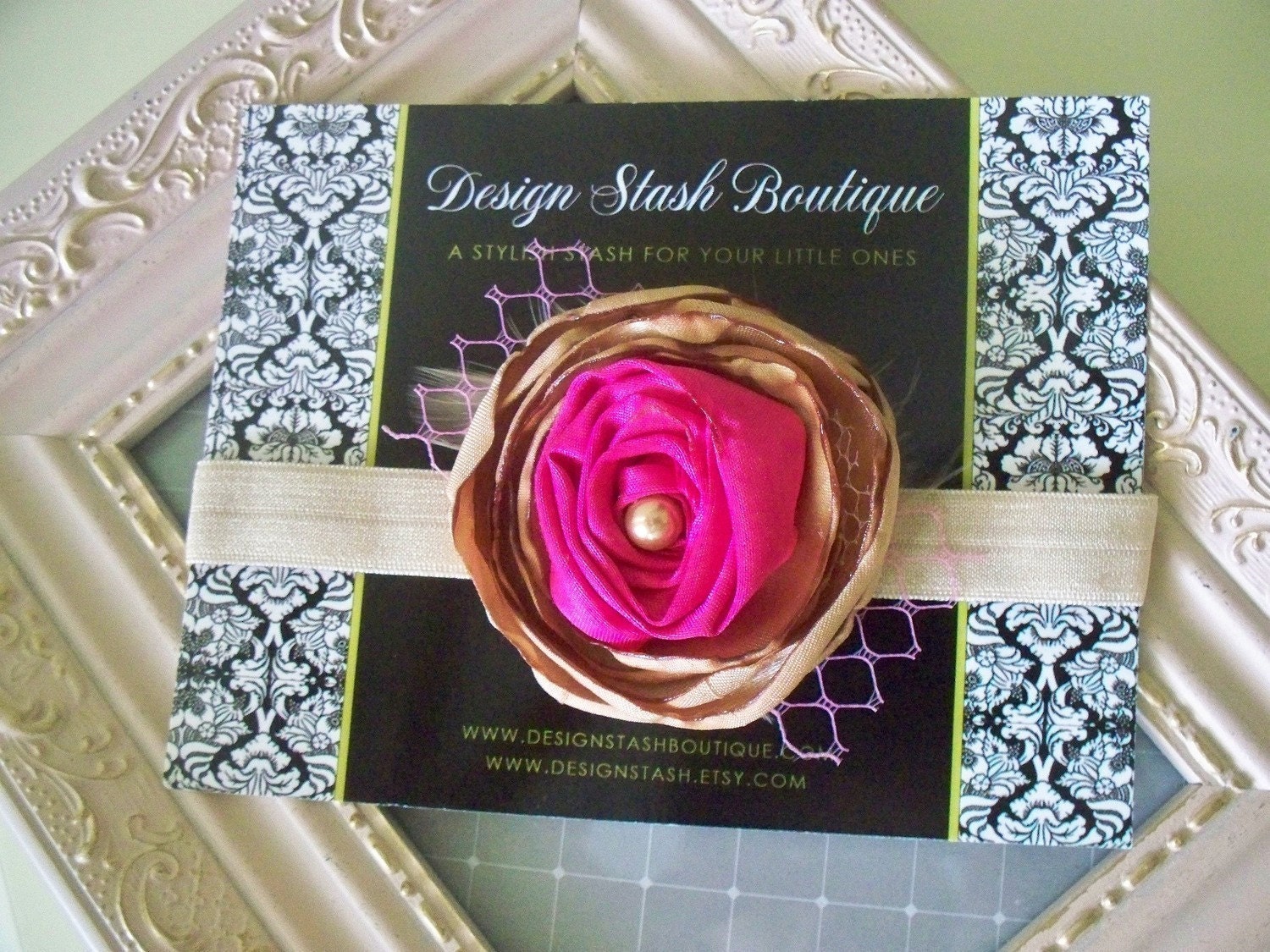 Stunning Gold and Magenta Silk Bloom with Fuchsia Netting and Feather on Gold Headband - Great Photography Prop