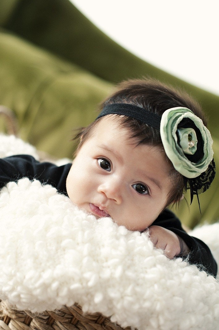 Apple Green Layered Organza Rosette with Black Lace Netting and Feathers on Black Satin Headband - Perfect Photography Prop