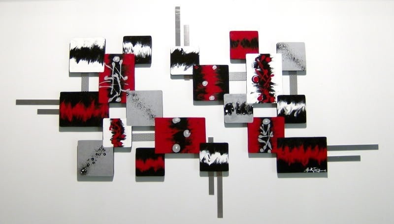 2pc Red,Black,Modern,Abstract,Squares,wall sculpture - wood and metal - LARGE  60x37 by Alisa R. Tarpley