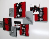 LARGE 2pc Xander Red Black Wooden Abstract Modern Versatile Squares Wall Sculpture Hangings - DivaArt69
