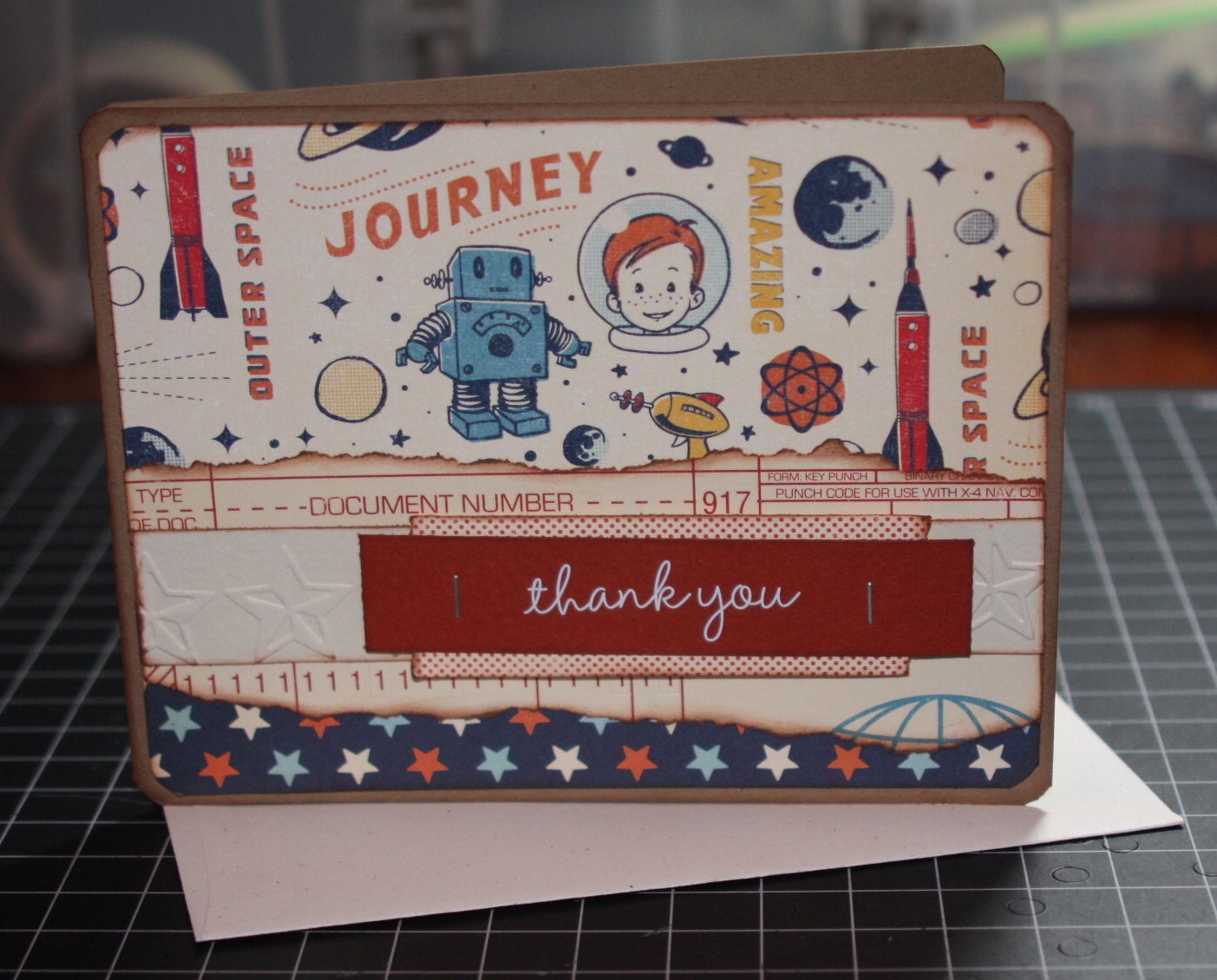 Handmade Single Thank You Card Space Rockets Astro Stars Planets Robots Thanks Moon Blank Inside (No.161)