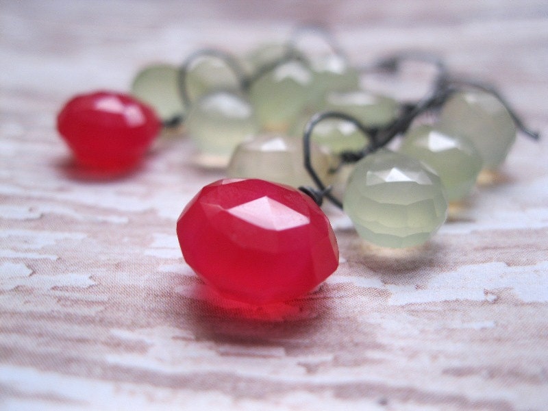 SALE Hot Pink Chalcedony and Lime Green Chalcedony Wrapped on Oxidized Sterling Silver Dangle Earrings