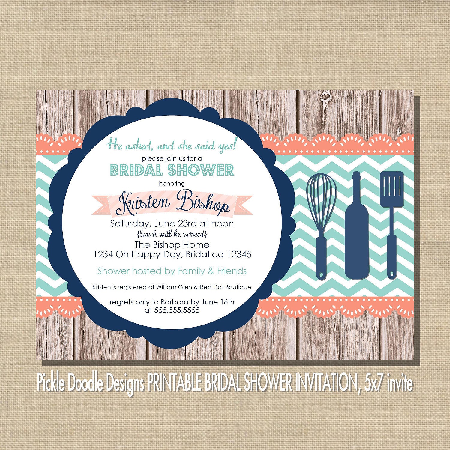Bridal Shower Invitation, Navy & Coral on Wood 5x7 printable
