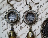20% off EVERYTHING GORGEOUS Antique Victorian Castle Picture Button necklace and earrings Italian Villa vintage amber glass beads Wuthering