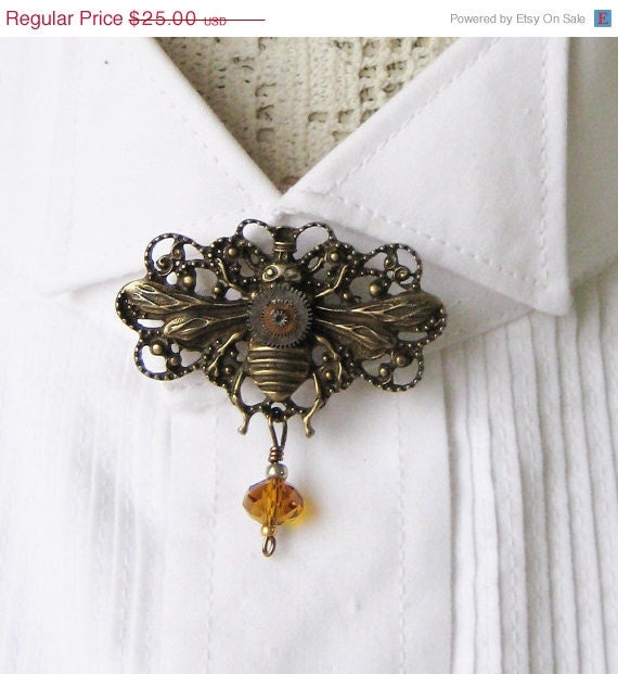 20% off EVERYTHING Steampunk MECHANICAL Brass Bee Brooch Antique pocket watch parts AMBER glass beads bumble bee ornate vintage findings
