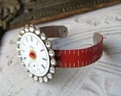 Steampunk Bracelet Cuff Antique RED metal Ruler  RHINESTONES Victorian vintage pocket watch parts
