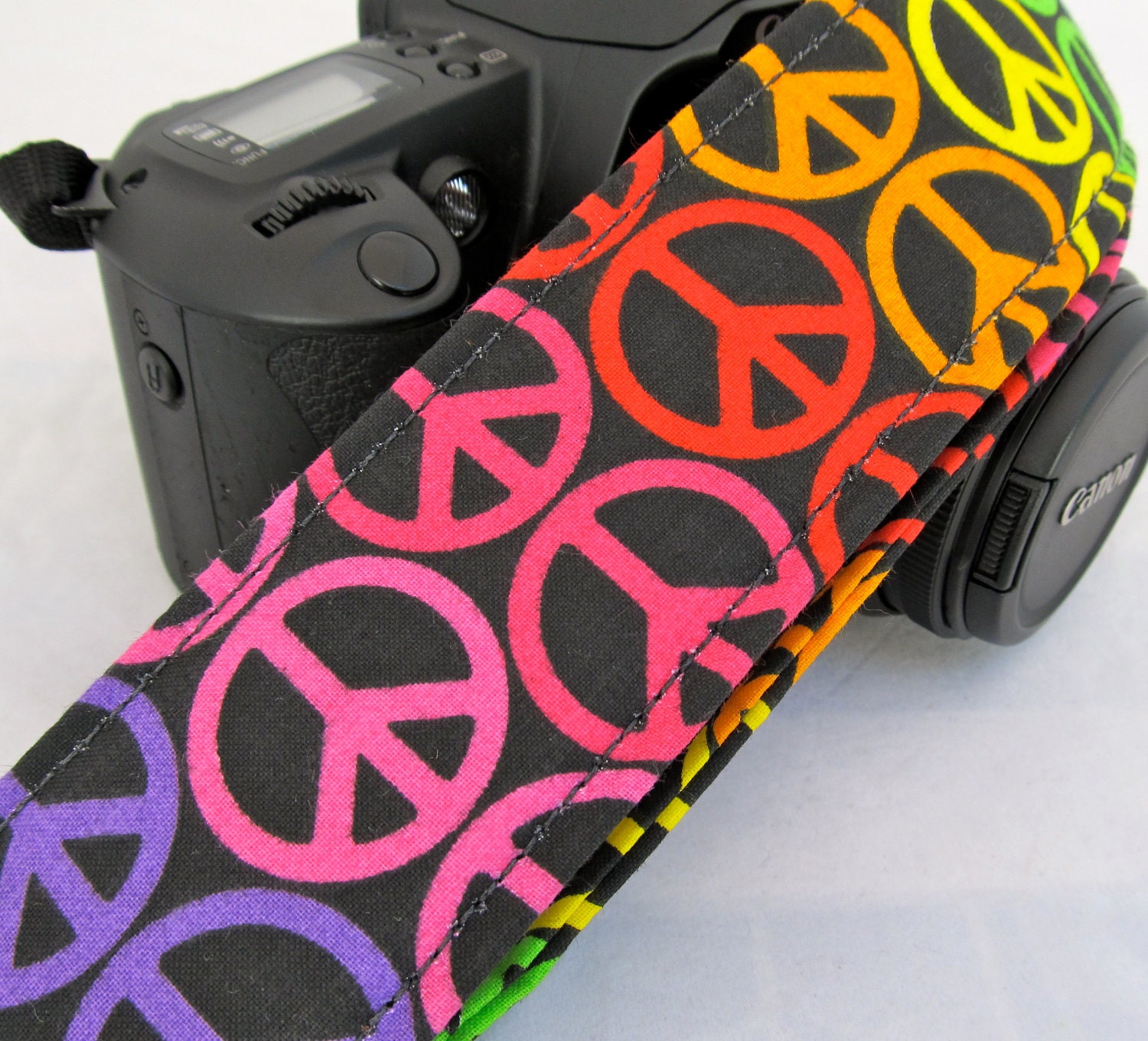 Funky Camera Straps--DSLR Camera Straps-Rainbow Peace with real leather ends cute fashion camera strap