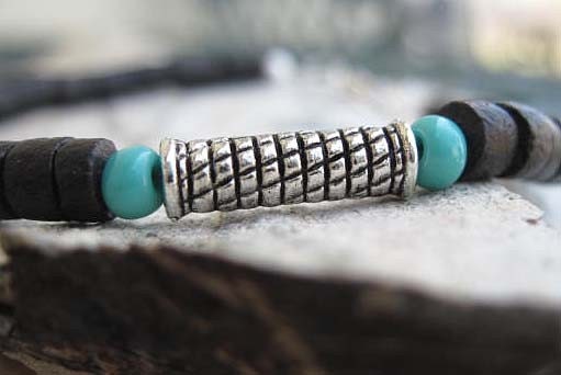Mens Black Coconut Turquoise Pewter Bead Bracelet