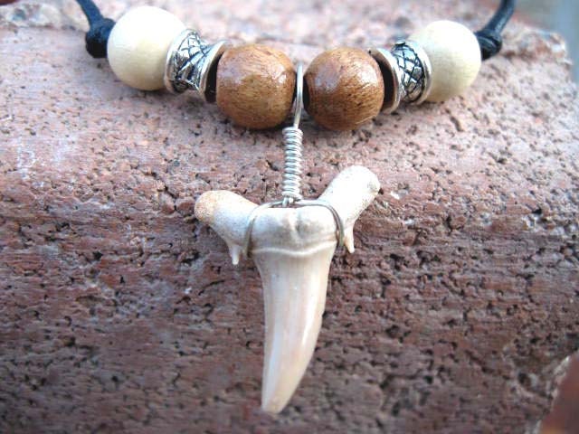 Vintage Wood Shark Tooth Necklace Unisex Adjustable