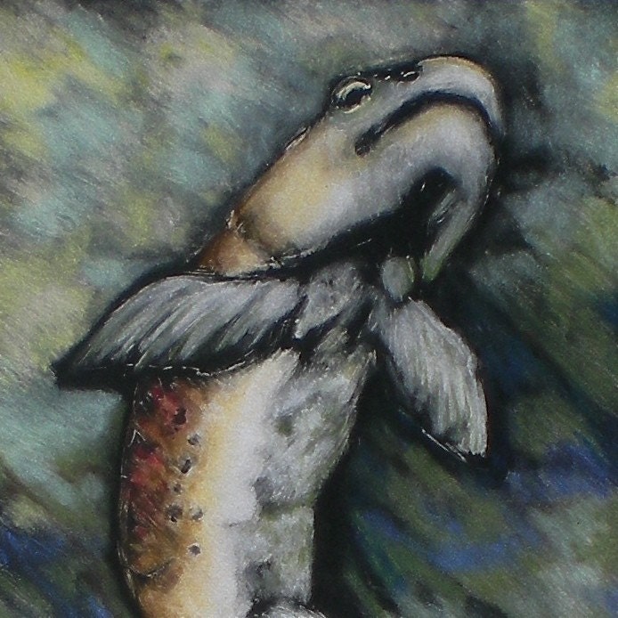 Original wall art fishing lodge monotype print with pastel Untitled Fish