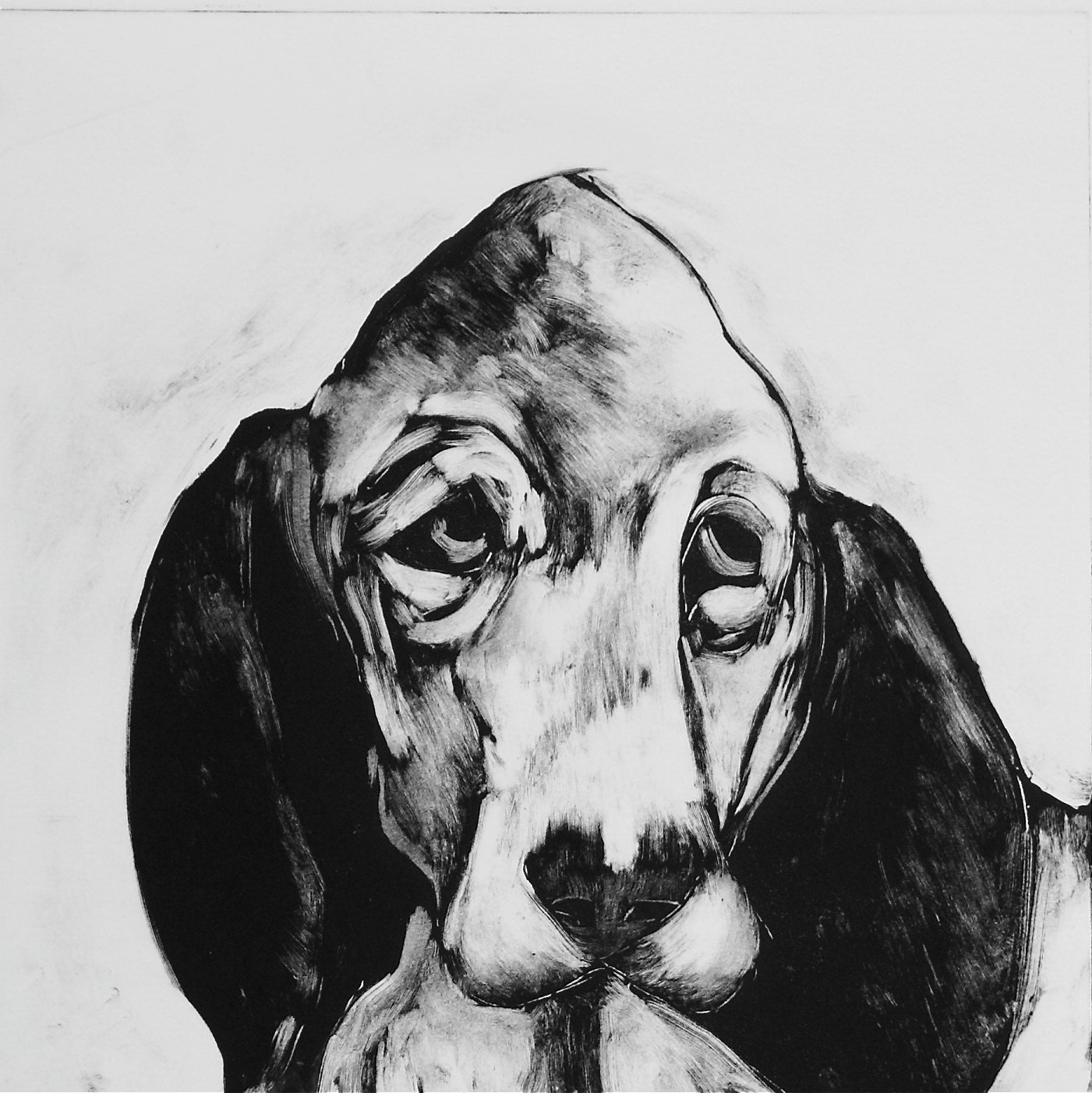 Whimsical wall art sad dog Original monotype print Hound Dog