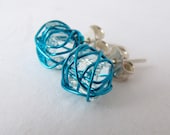 Mini stud earrings, blue studs, blue earrings, wire wrapped earrings