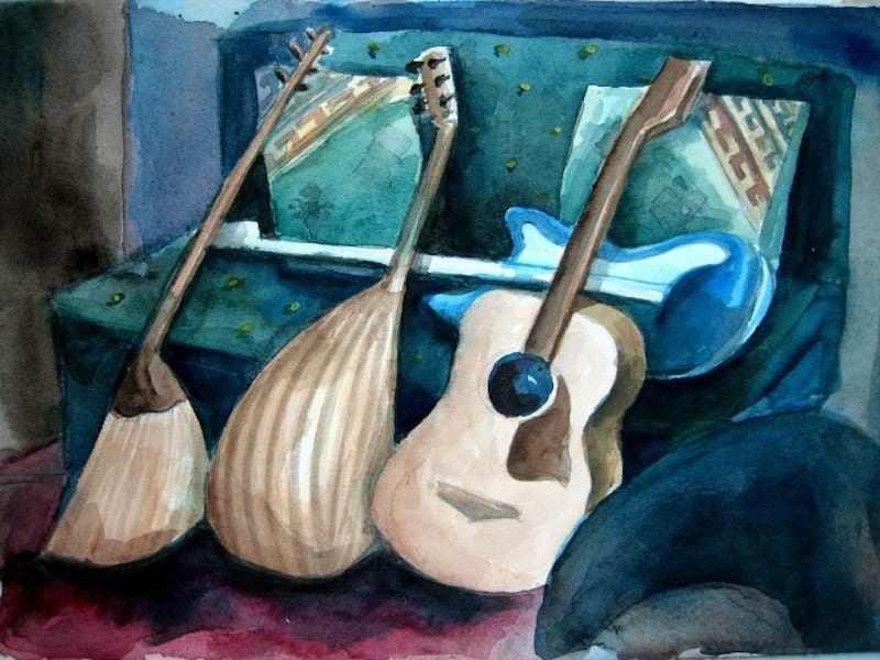 Original Watercolor Painting  Waiting Instruments- 10x14
