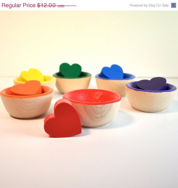 25% OFF SALE - Montessori Toy - Wooden Toy, Sorting Hearts (Set of 6) - Waldorf Toy / Educational Toy