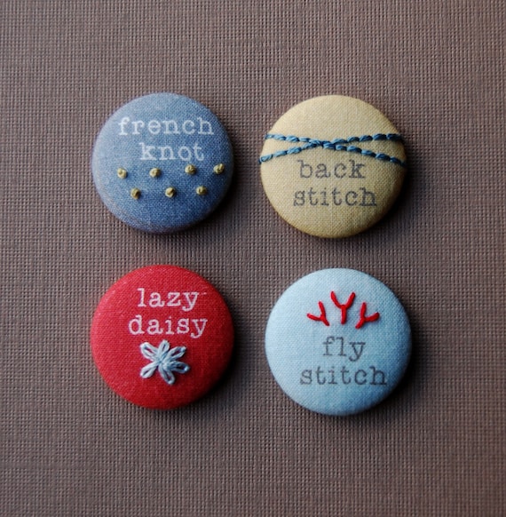 Magnets or Pinback Buttons, Hand Embroidered Modern Sampler Magnets in SUMMER BERRY Colors