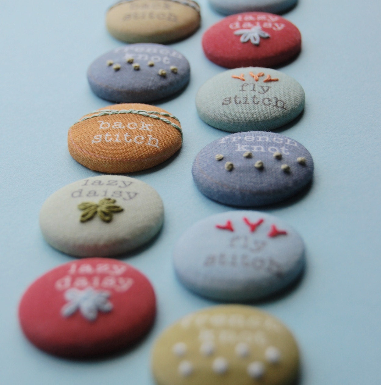 Magnets or Pinback Buttons, Hand Embroidered Modern Sampler Magnets in SUMMER BERRY Colors