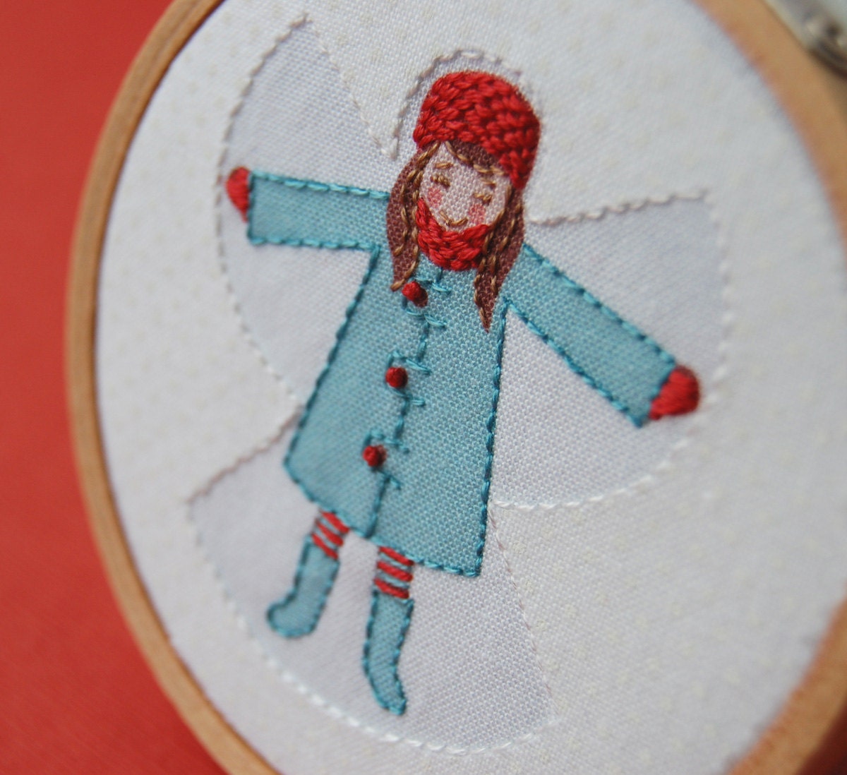 Christmas Holiday Ornament Embroidered Snow Angel in Red and Aqua