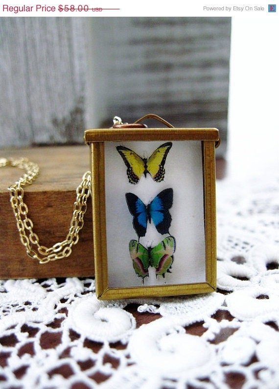 SALE THRU MONDAY Gold Butterfly Necklace: Miniature Specimen Pendant with Blue Morpho